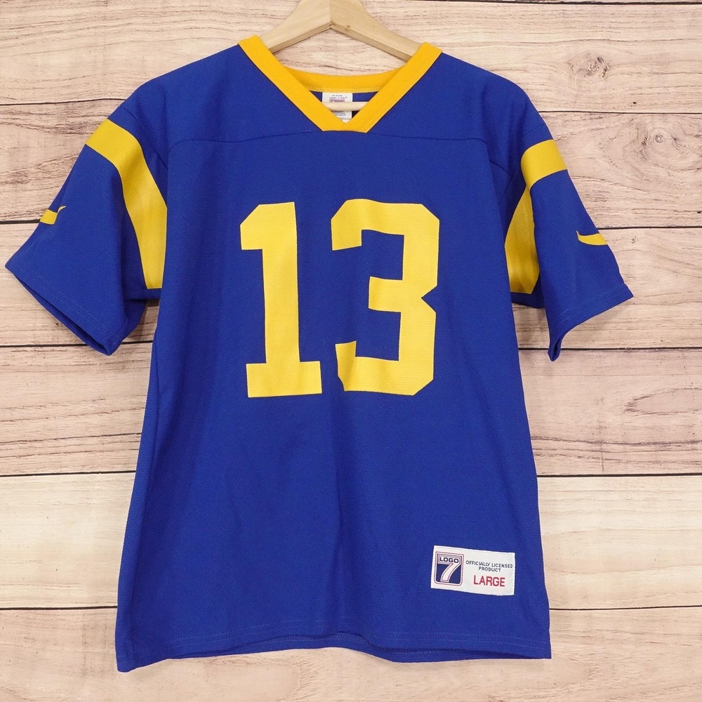 Vintage St. Louis Rams Jersey Boys Large Blue NFL Football Kurt Warner 13 Logo 7
